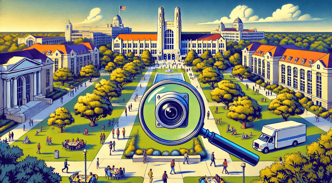 Banner graphic depicting Kansas State University's campus and the issue of hidden cameras