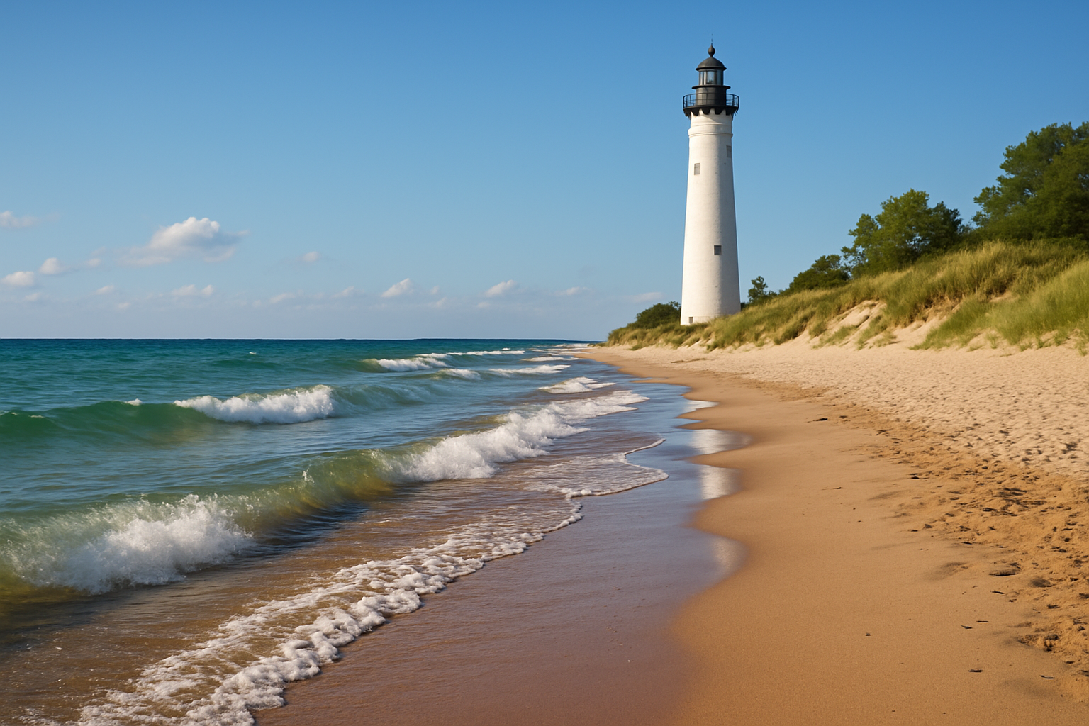 Lake Michigan Lighthouse with sandy beach