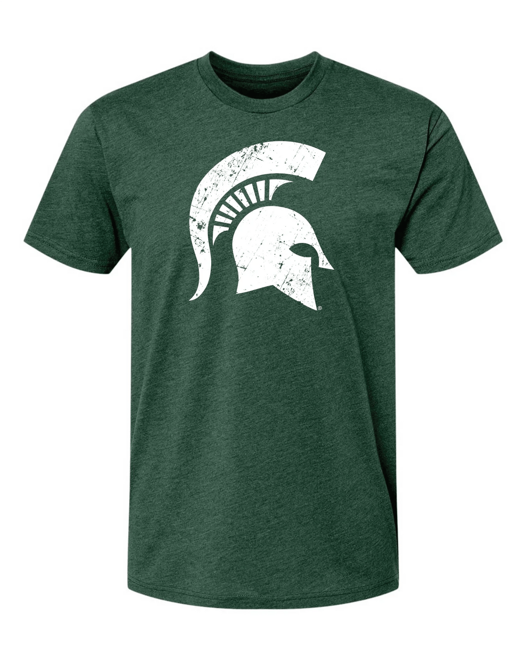 Green Michigan State shirt with white Spartan Helmet logo printed on the chest