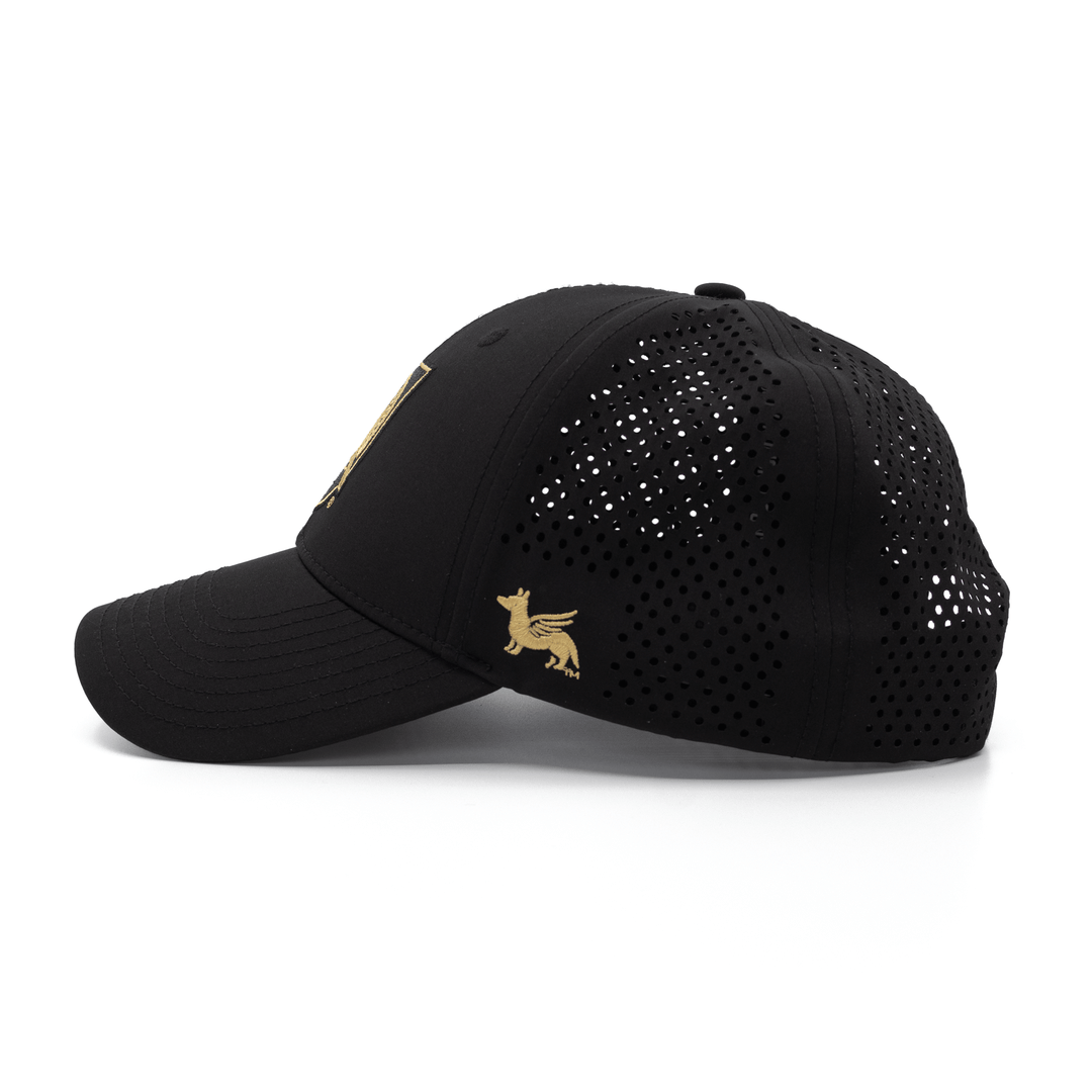 Left side view of the black performance hat featuring the West Point shield logo embroidered on the front and the Nudge Printing logo embroidered on the side.
