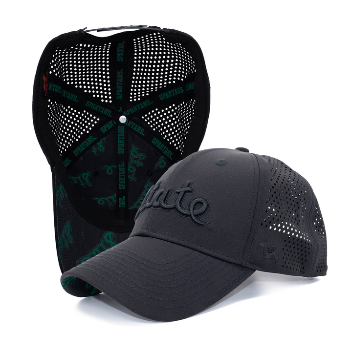 Black Michigan State University Script State Hat with Custom bill and performance mesh on white background