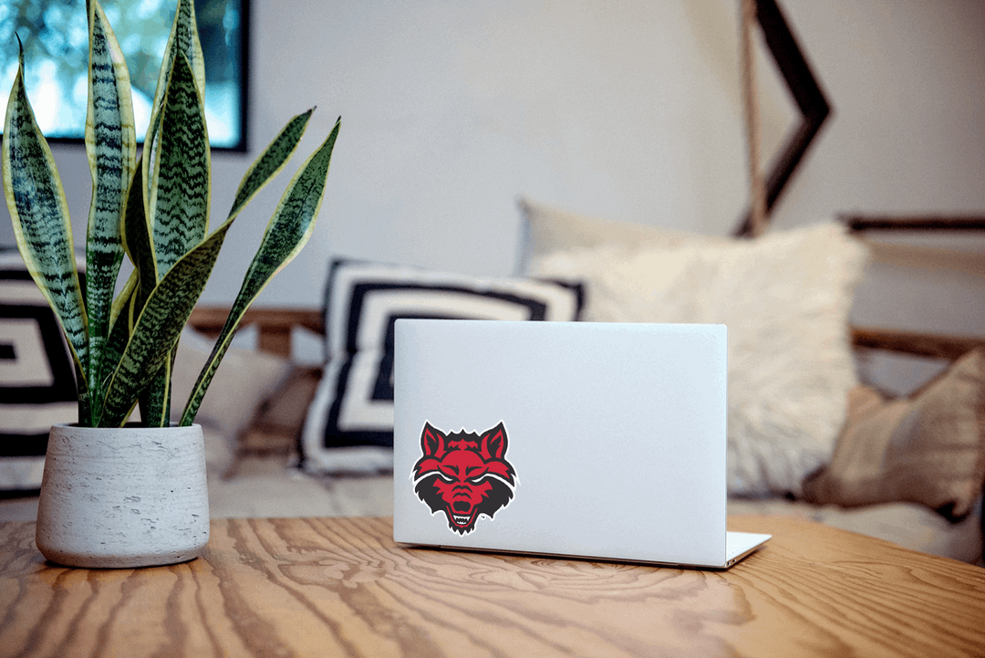 Arkansas State Red Wolf Car Decal on Laptop