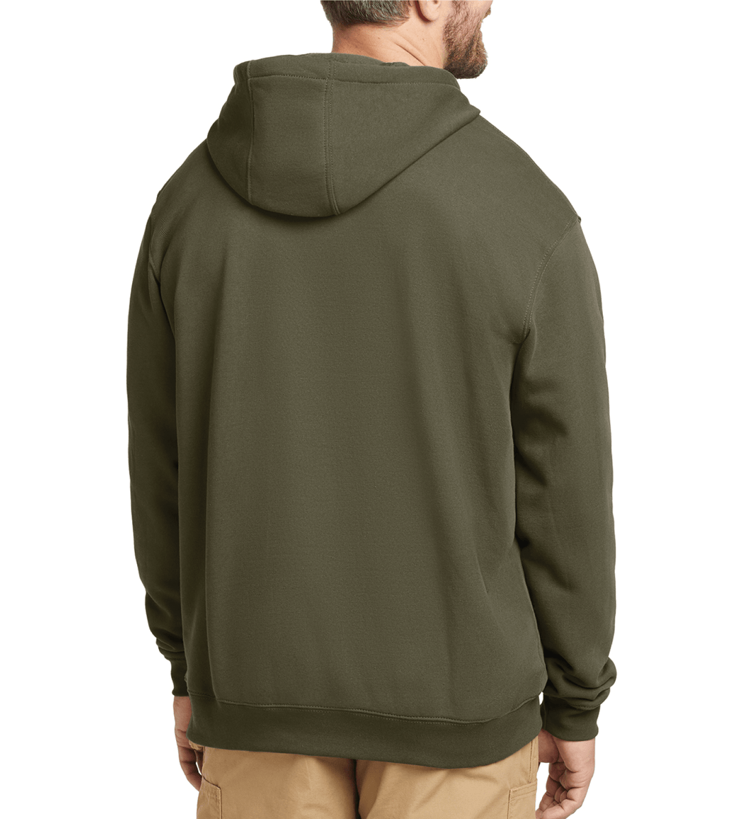 Back view of a green Carhartt hooded sweatshirt.