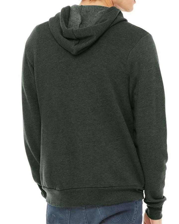 Back view of Heather Forest Green Zip Up Hoodie form Nudge Printing on Male Model with Jeans