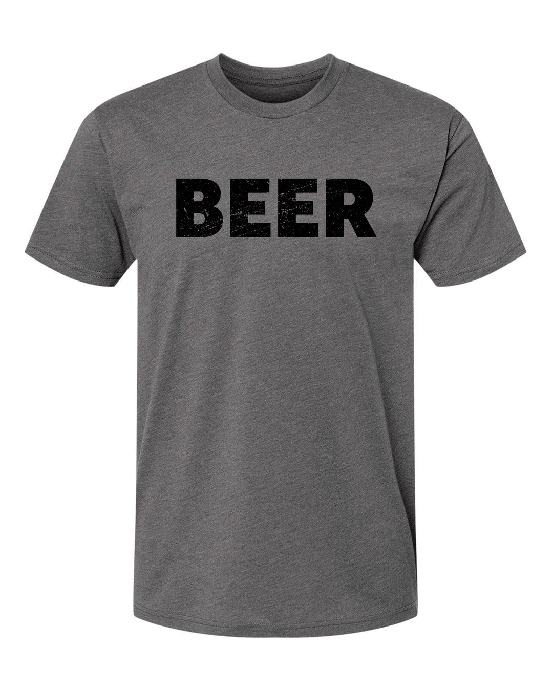 Dark grey t-shirt with black "BEER" in black ink printed on the chest.