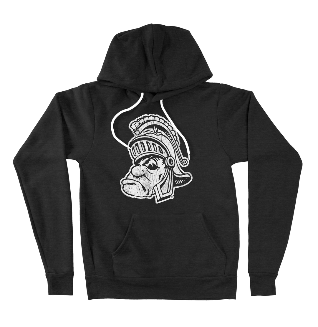 Black Michigan State soft hoodie featuring Gruff Sparty printed on the chest in white with a grunge texture.
