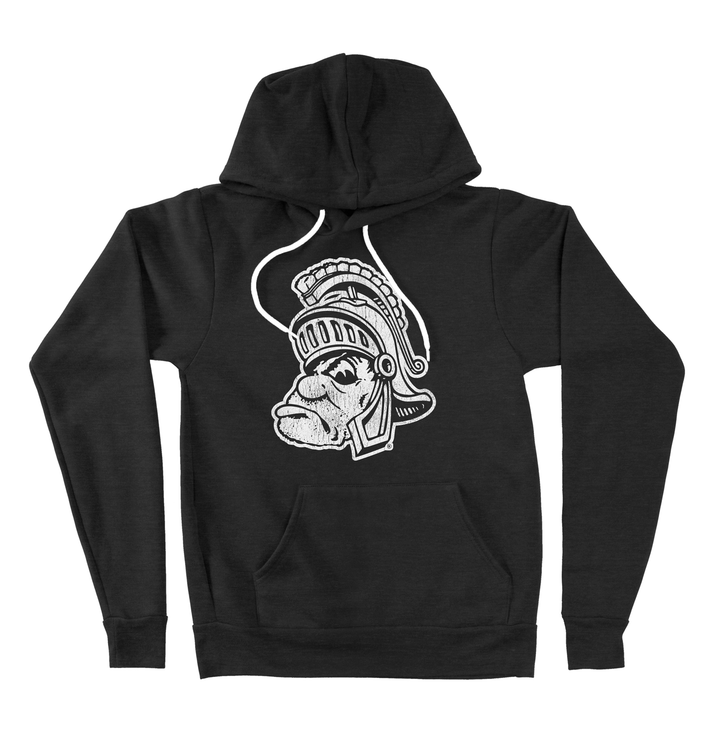 Black Michigan State soft hoodie featuring Gruff Sparty printed on the chest in white with a grunge texture.