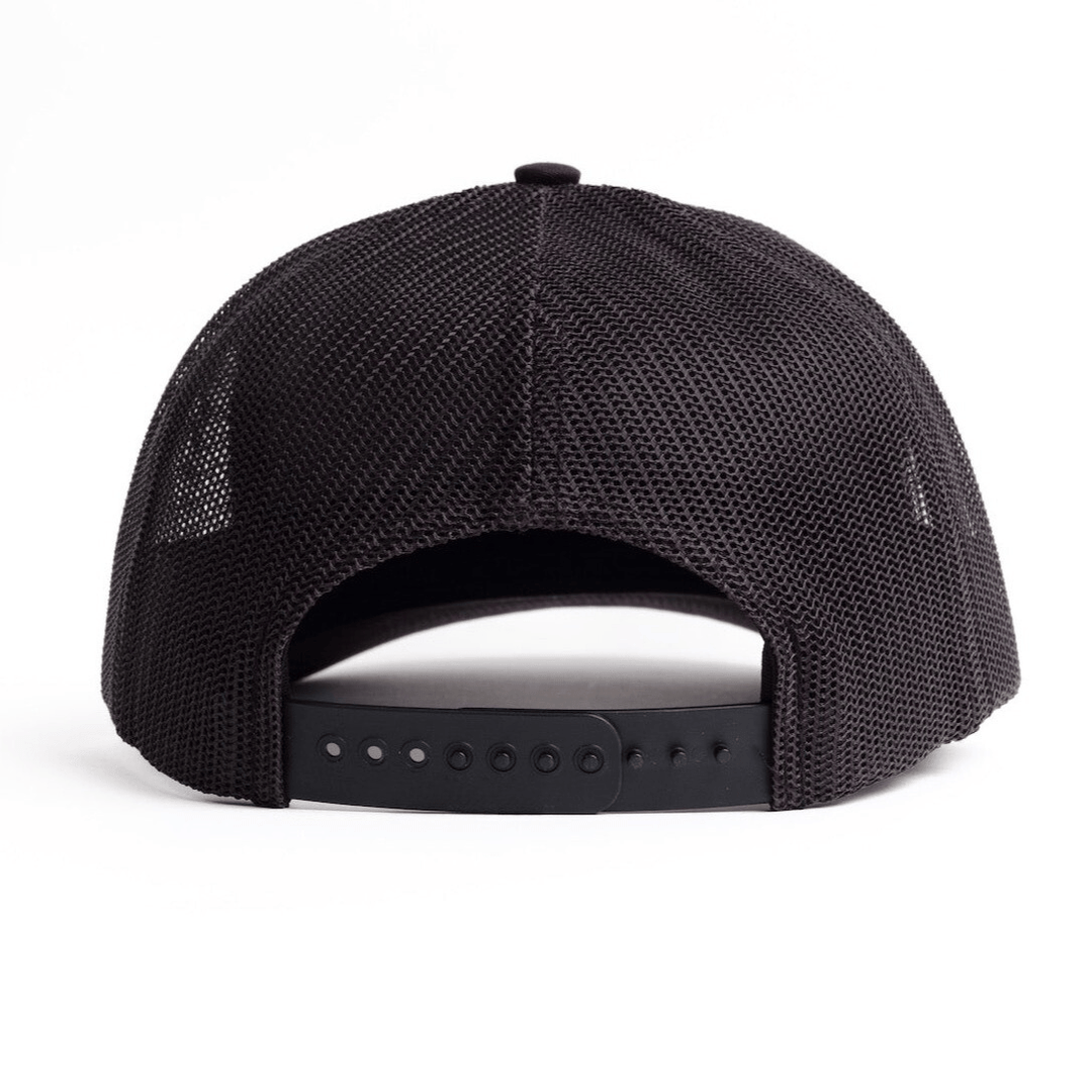 Nudge Printing back view of black trucker hat