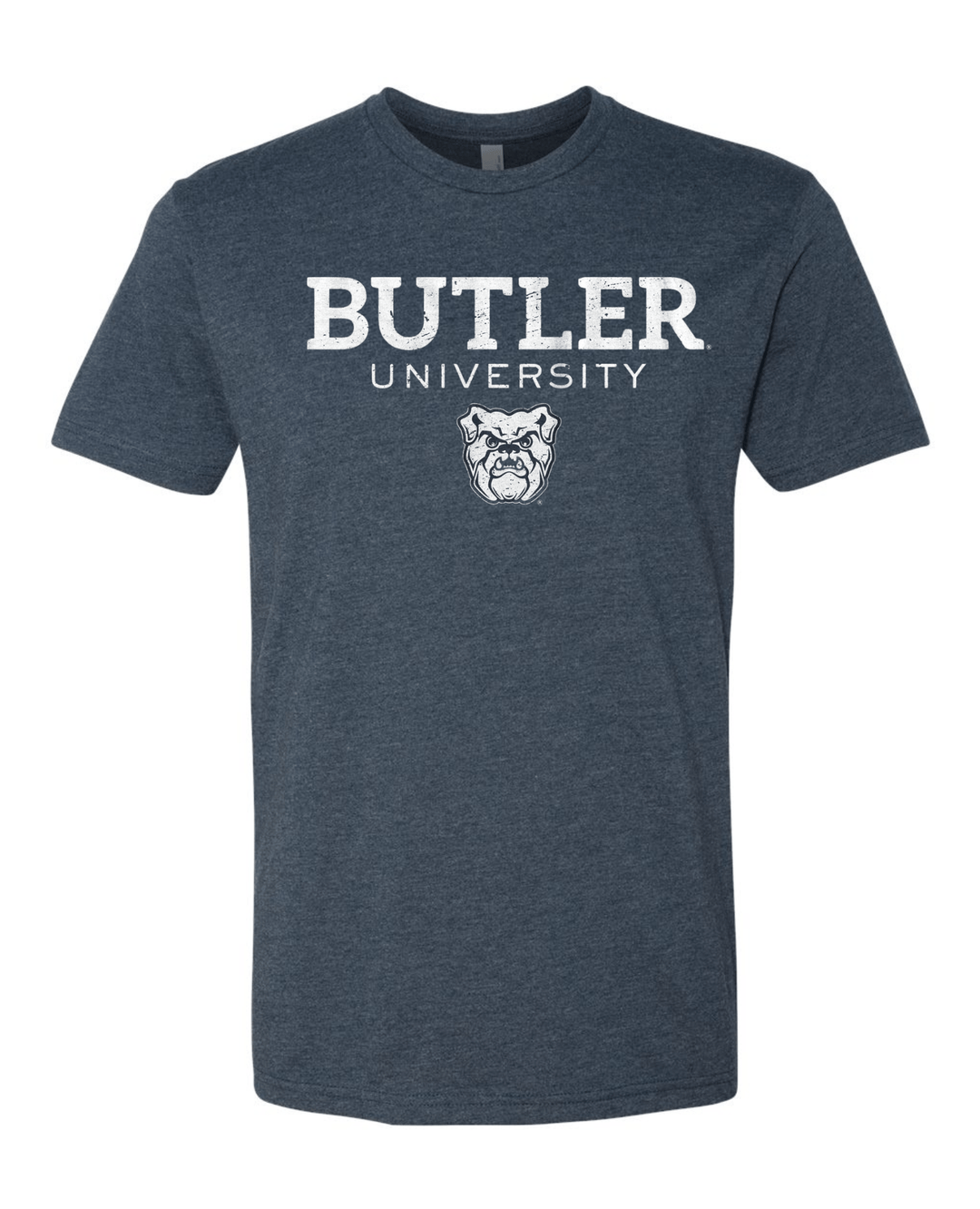 Butler University Wordmark over Bulldog T-shirt (White on Navy) mock up