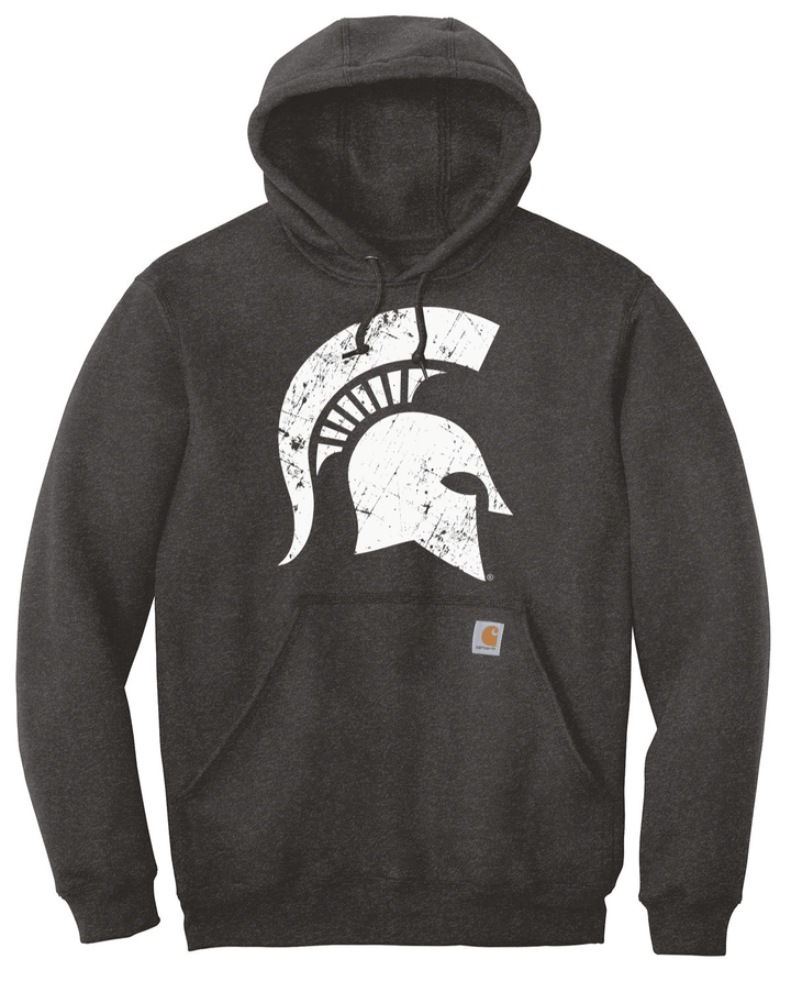 Flat lay of Michigan State University Carhartt hoodie in carbon heather grey featuring white Spartan helmet graphic and Carhartt logo patch on front pocket