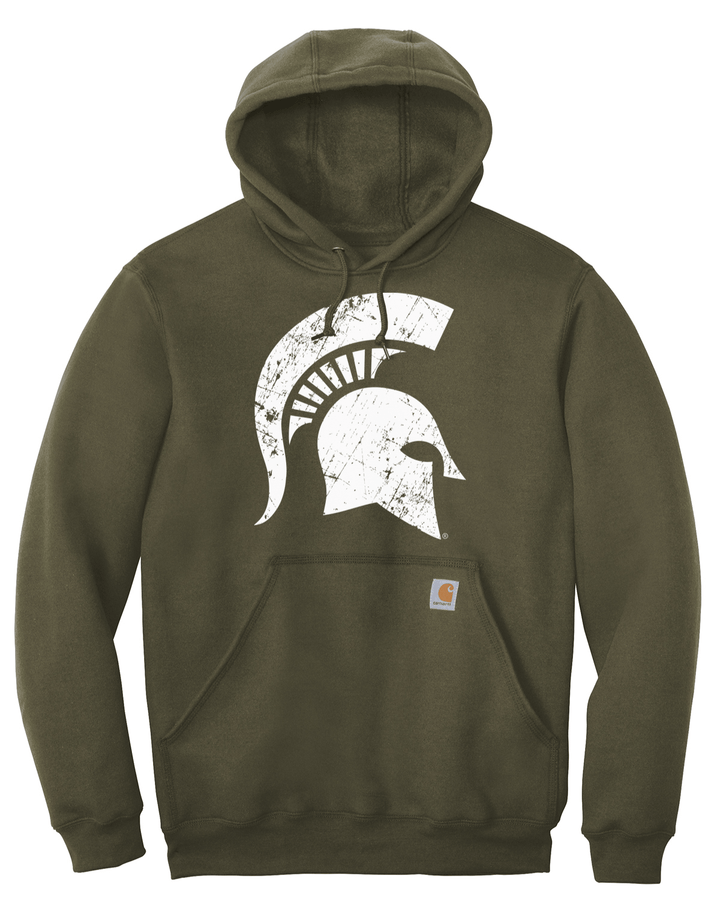 Flat lay of moss green Michigan State Carhartt hoodie featuring large white Spartan helmet design and Carhartt logo tag on front pocket
