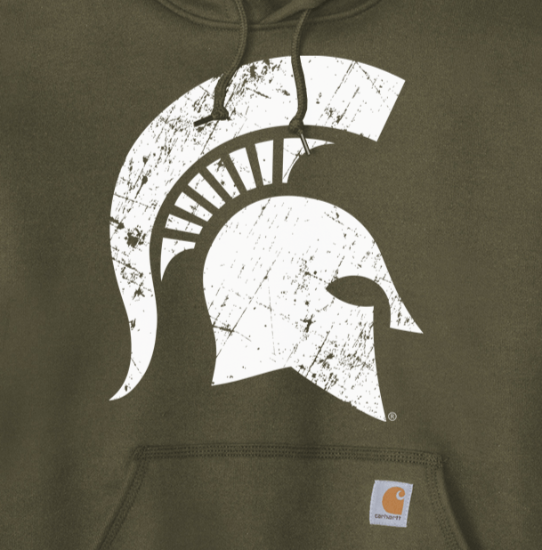 Close-up of white distressed Spartan helmet logo on moss green Michigan State Carhartt hoodie with drawstrings and Carhartt patch