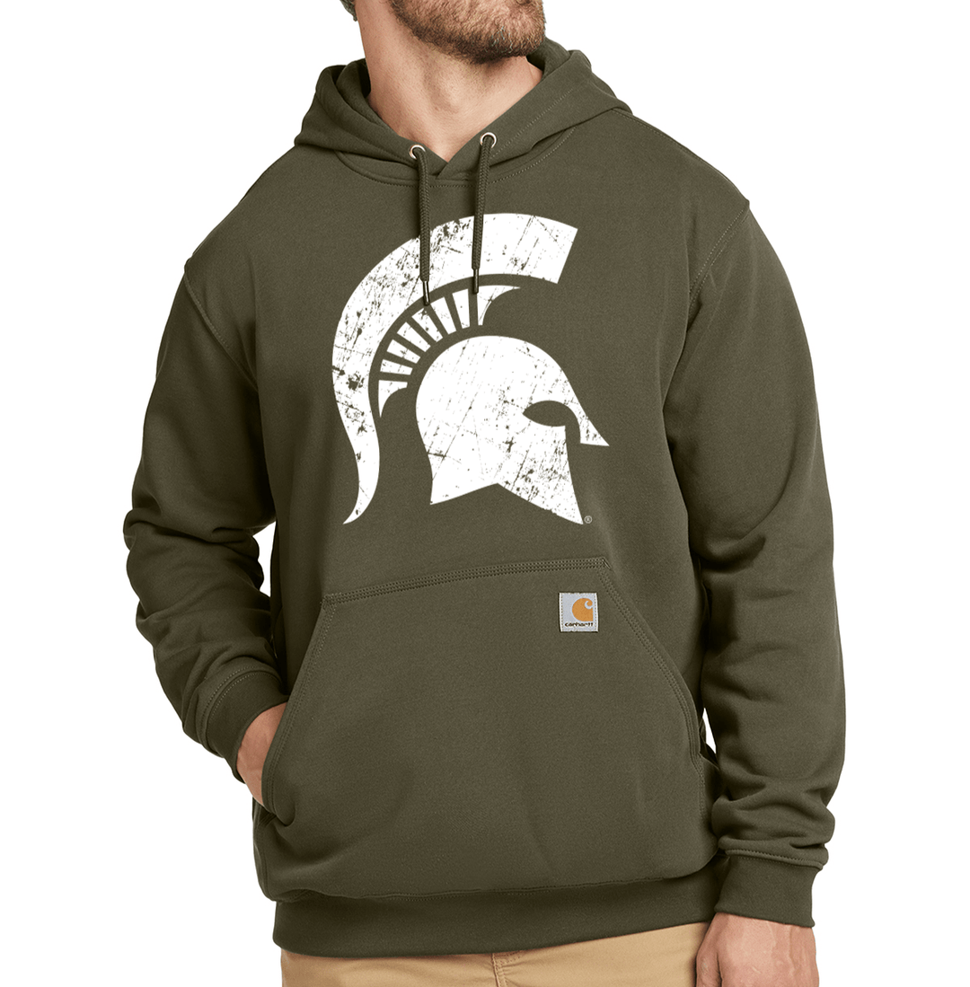 Man wearing moss green Michigan State Carhartt hoodie with white Spartan helmet logo, hands in pocket, facing slightly to the side