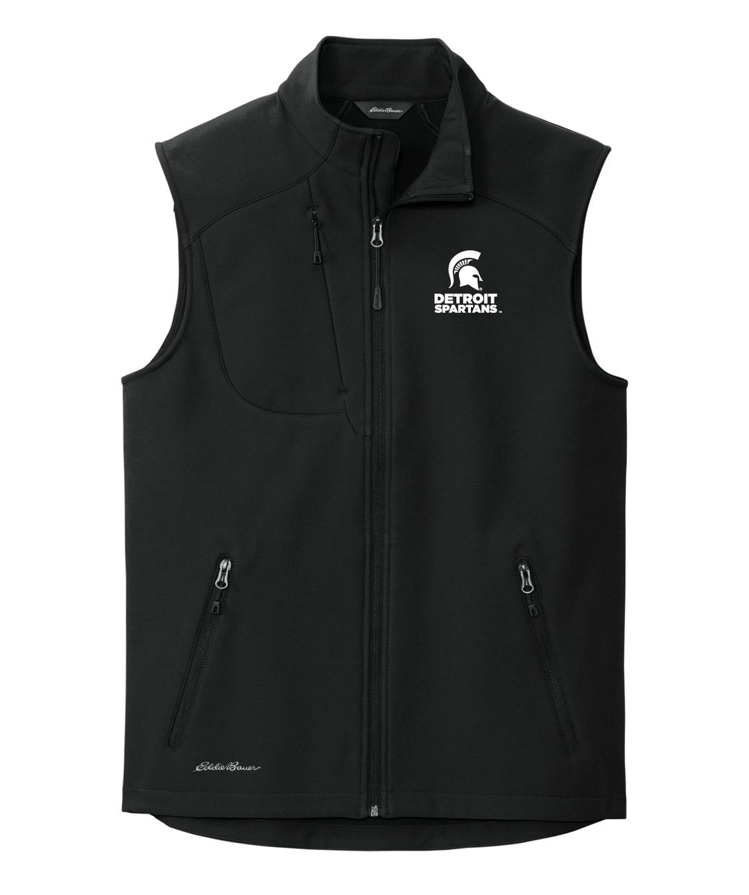 Front view of Sleeveless Michigan State Black Eddie Bauer Vest with white embroidered Detroit Spartans Helmet logo on left chest