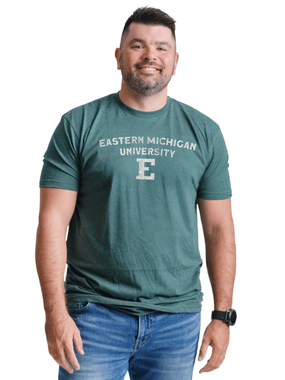 Eastern Michigan University Wordmark on Green T-Shirt on male model