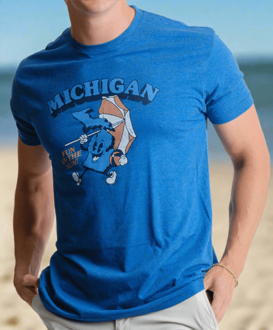 Fun in the Sun Michigan Shirt on male Model at Lake Michigan
