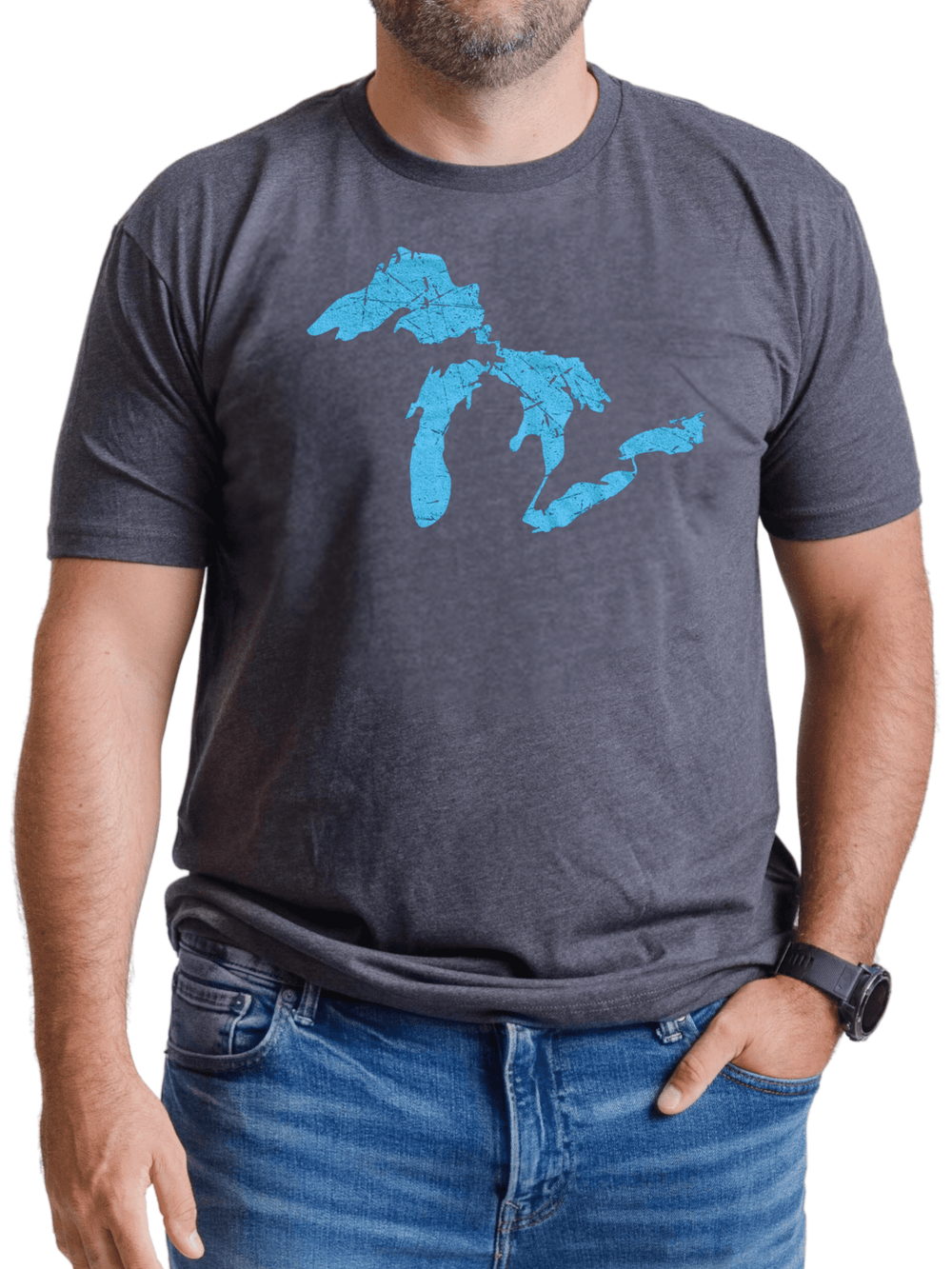 State of Michigan dark grey t-shirt with blue Great Lakes distressed print on the chest