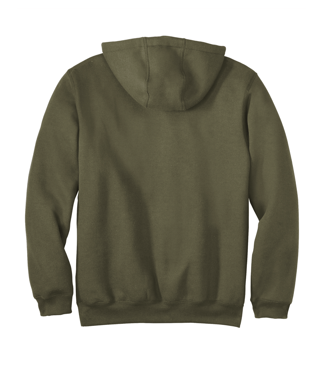 Back view of a green Carhartt hooded sweatshirt from Nudge Printing