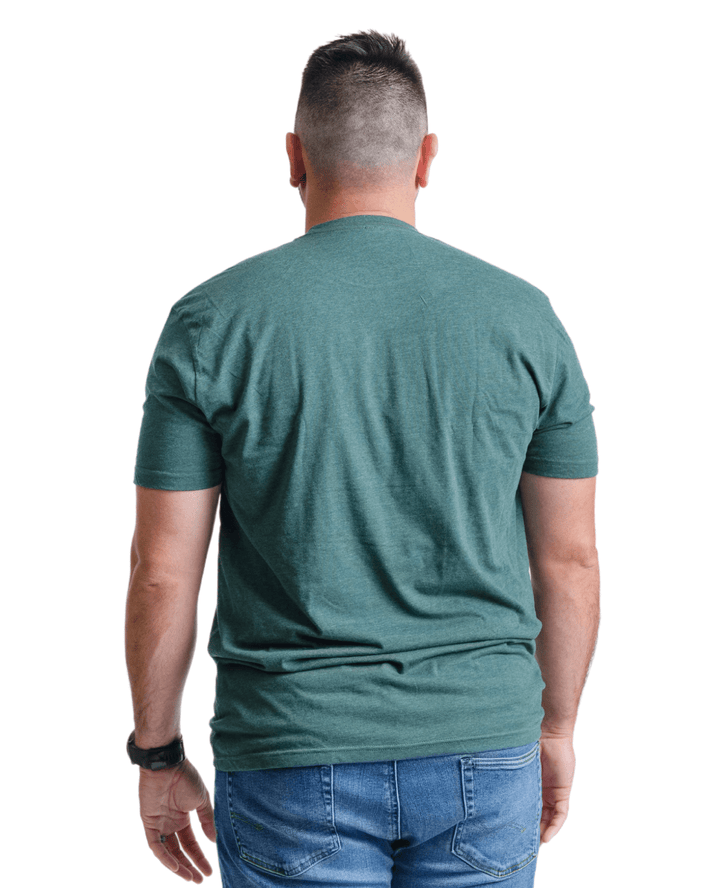 Back view of a green t-shirt on a male model from Nudge Printing