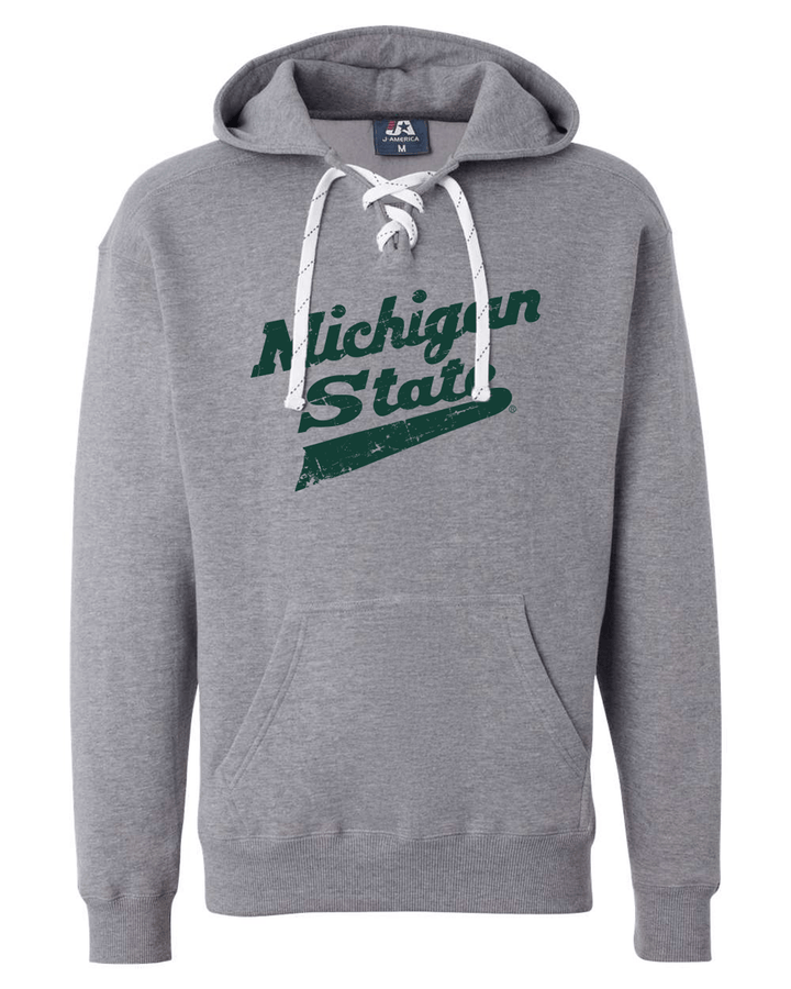 Grey Michigan State Sweatshirt with script "Michigan State" hockey logo printed on the chest in Spartan green