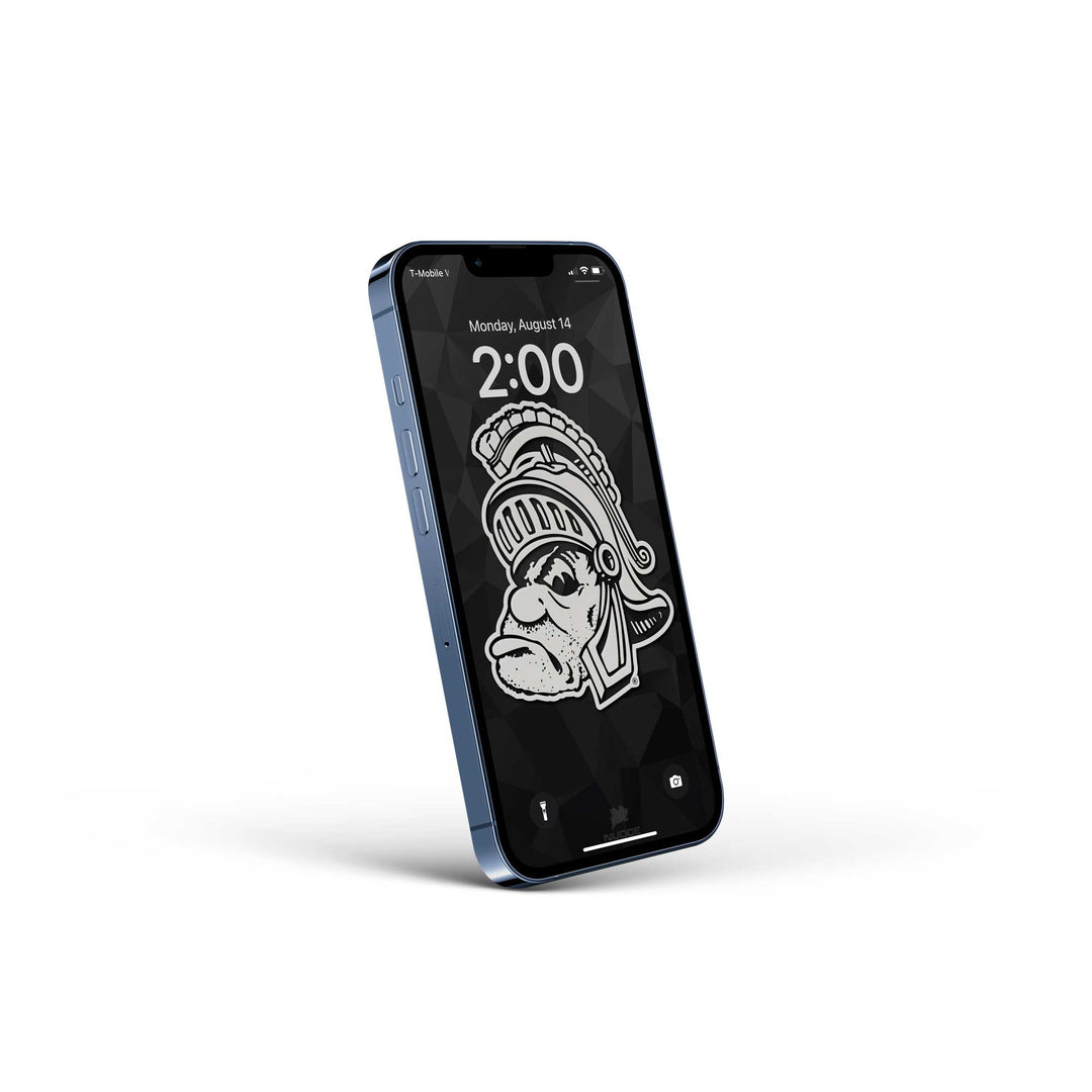 A mockup of a iPhone showing a Michigan State University Gruff Sparty Wallpaper.