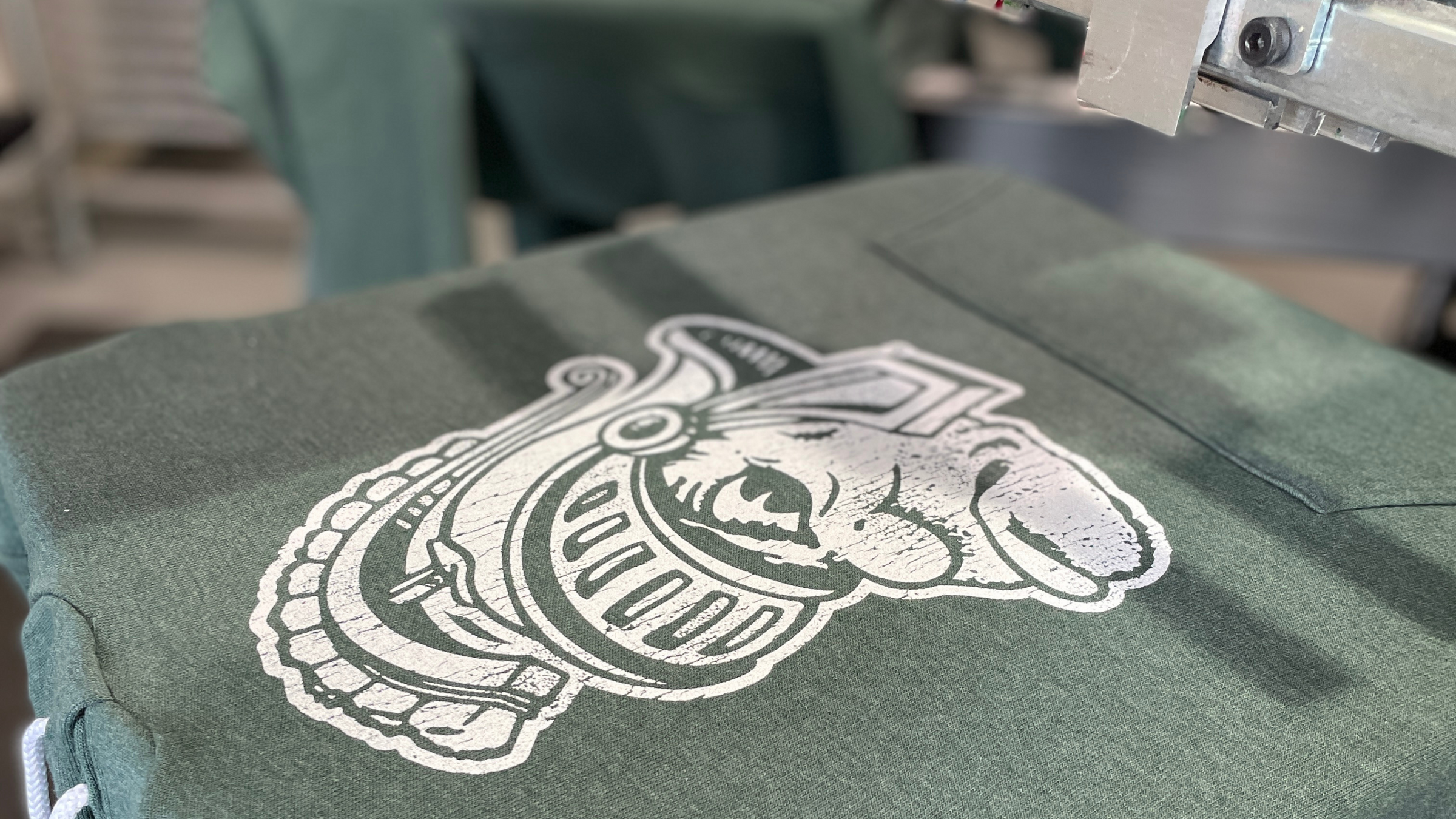 Michigan State Gruff Sparty Green Hoodie on Printing Press