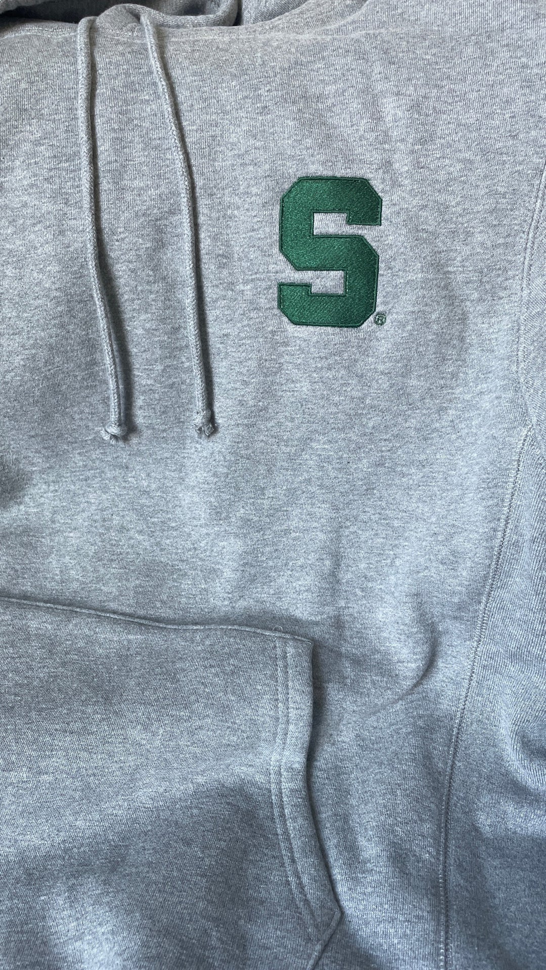Michigan State Block S Varsity Hoodie Embroidered Up Close on Hoodie