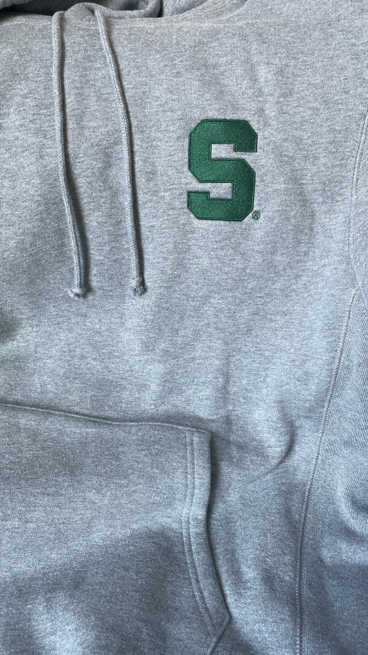 Michigan State Block S Varsity Hoodie Embroidered Up Close on Hoodie