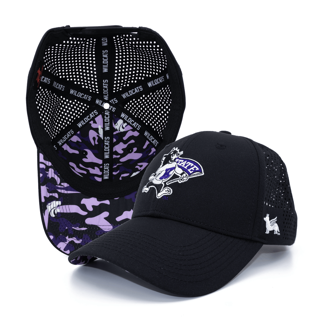 Black Kansas State hat featuring an embroidered Willie the Wildcat on the front and custom purple camo pattern.