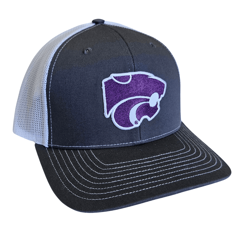 Side view of Kansas State University Powercat Logo Trucker Hat on White Background