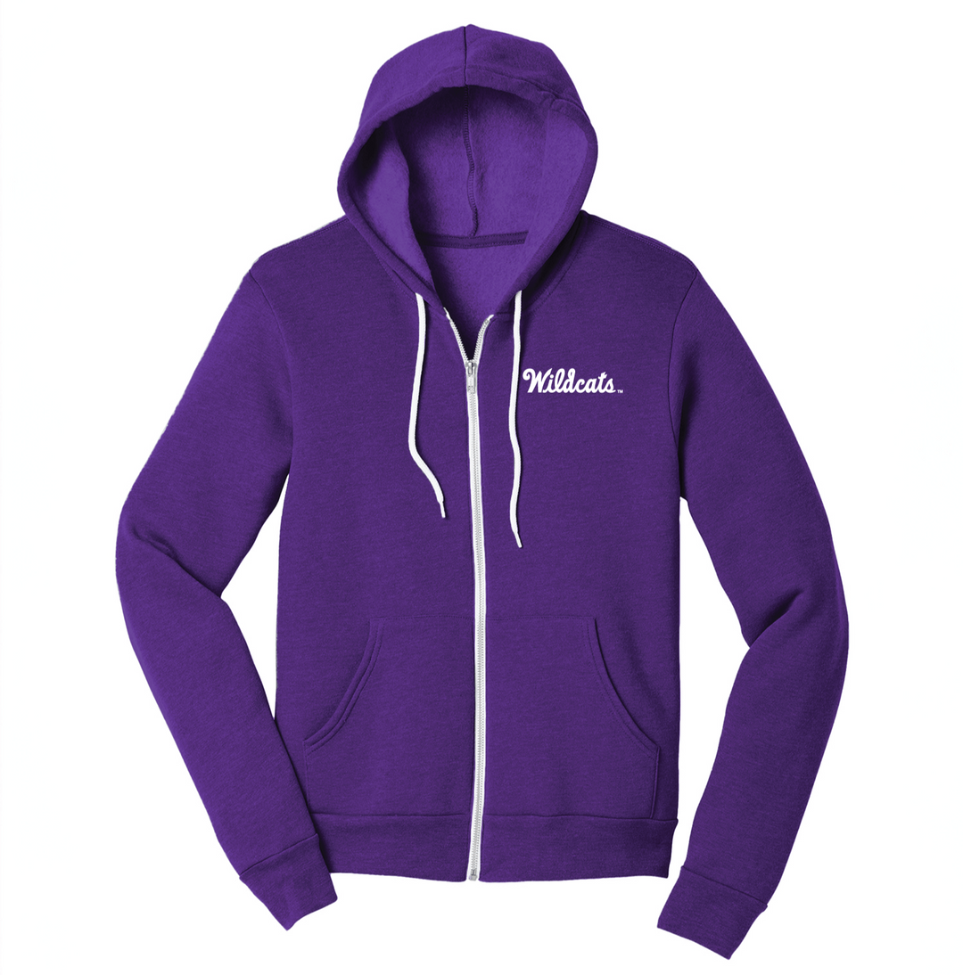Purple K-State zip up hoodie sweatshirt with the "Wildcats" logo embroidered with white thread on the left chest