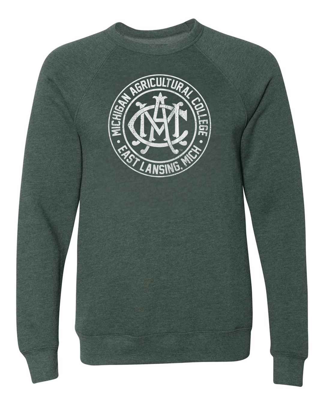 Front view of a heather forest green crewneck Michigan State MAC sweatshirt from Nudge