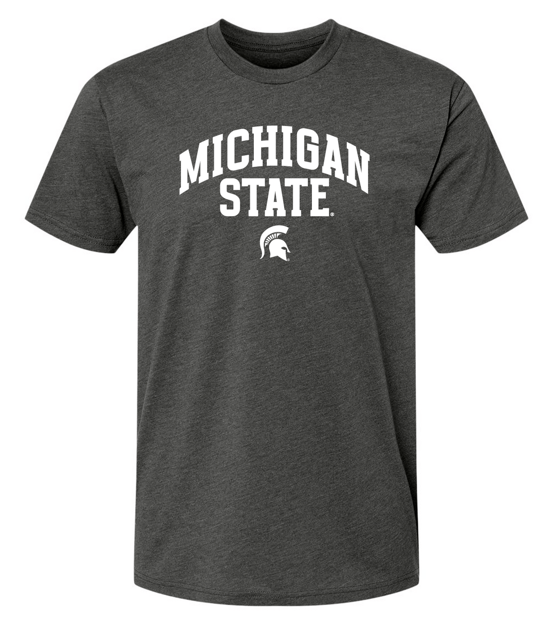 Gray t-shirt with 'Michigan State' text and logo on a white background