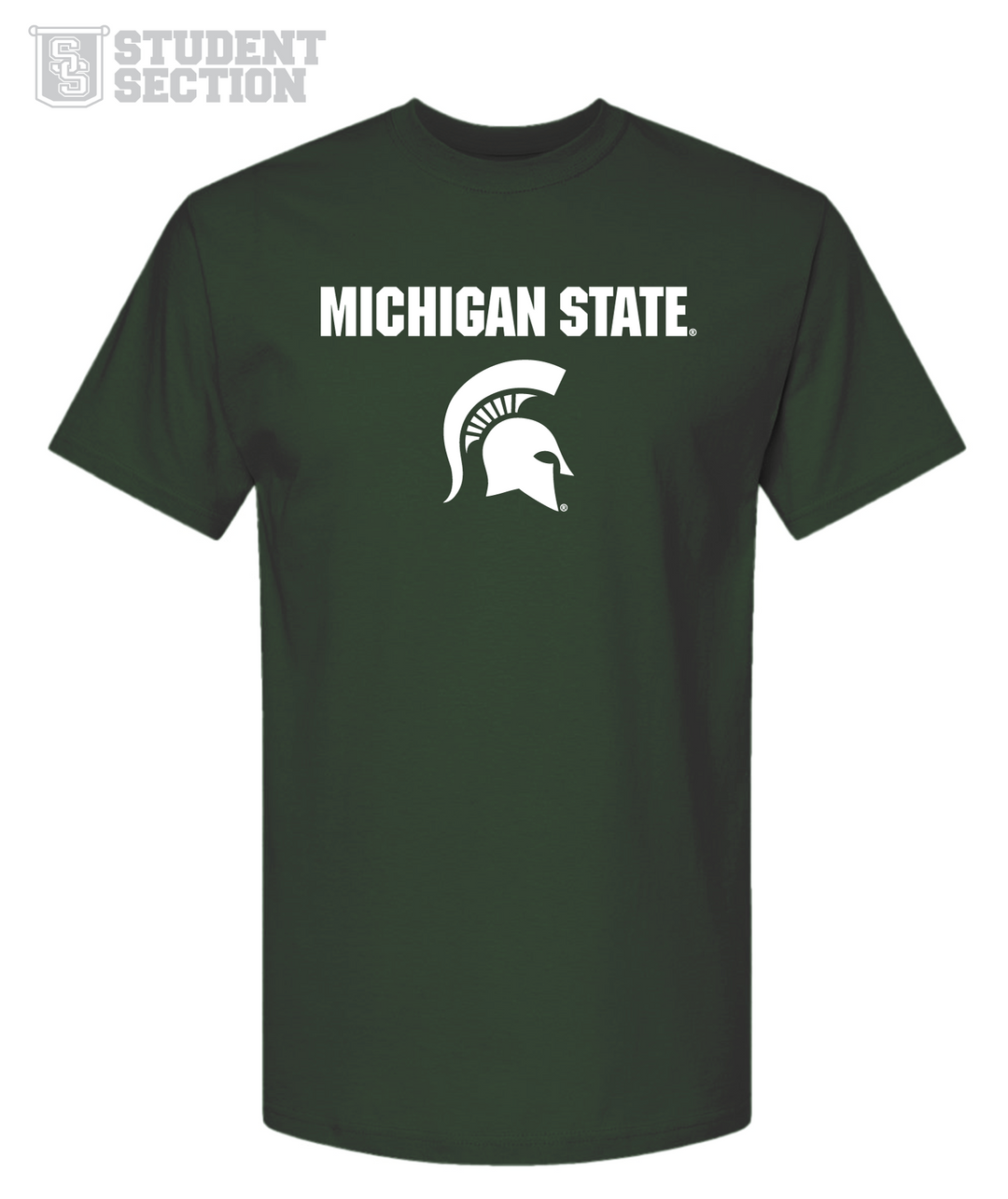 Dark green Michigan State University t-shirt with bold white 'MICHIGAN STATE' text and Spartan helmet logo, part of the Nudge Printing Student Section budget friendly collegiate apparel collection