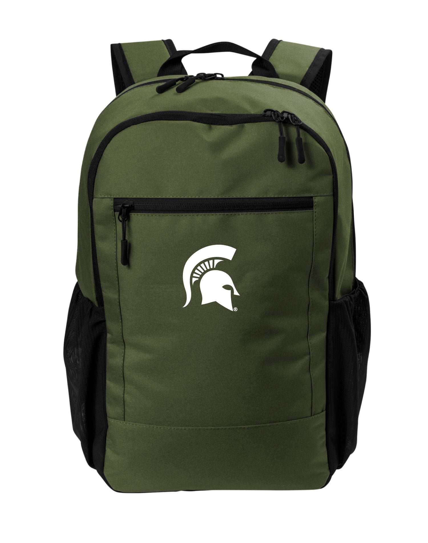 Green backpack with white Michigan State Spartan Helmet logo on the front