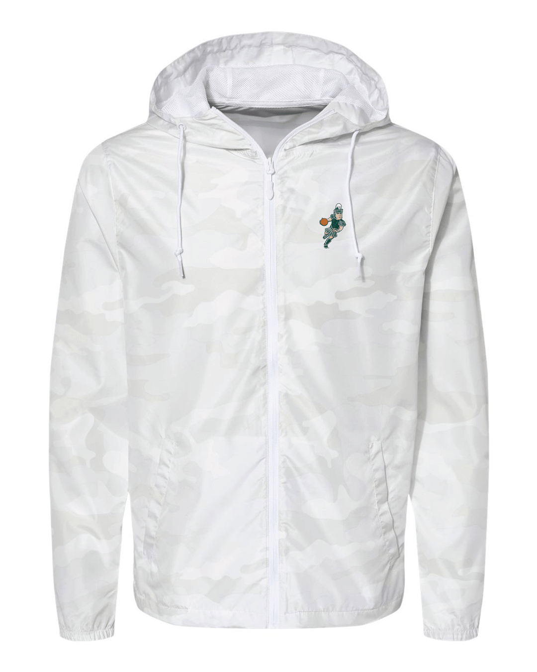 Michigan State White Camo Windbreaker Jacket with Basketball Sparty Logo on the Left Chest