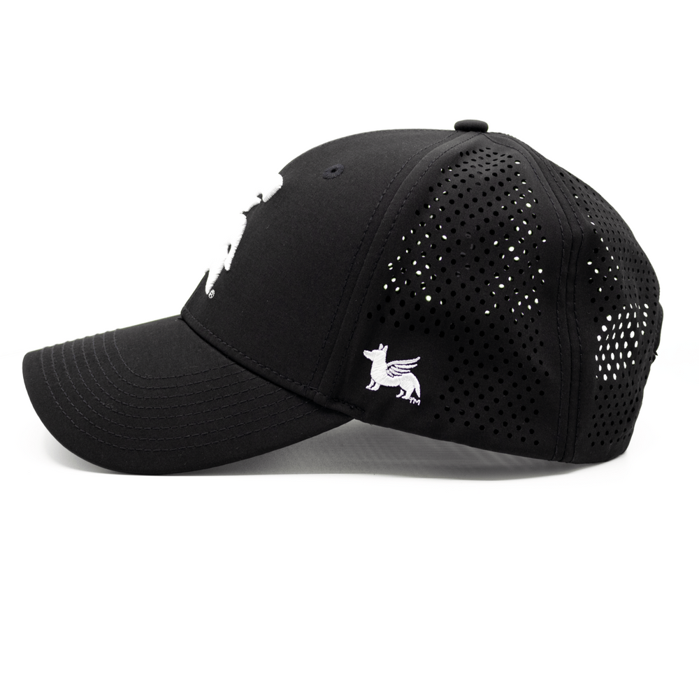 Left side view of a black Michigan State hat with Spartan Helmet logo on the front and Nudge Printing logo on the side.