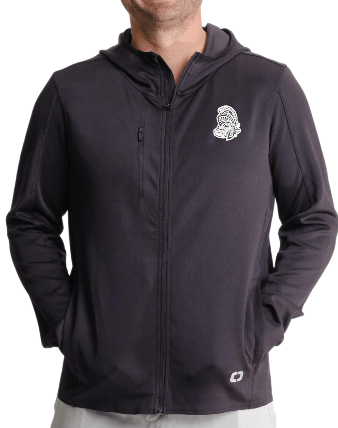 Black OGIO Gruff Sparty MSU Spartans Michigan State University Soft Shell Performance Jacket Lightweight Coat Front on male model with white background