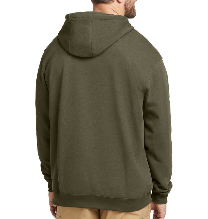 Back view of moss green Carhartt hoodie worn by male model, showing hood and relaxed, oversized fit