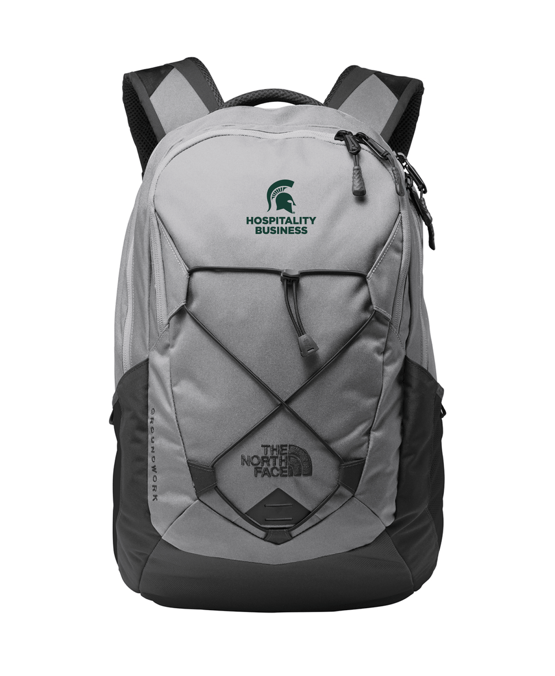 North Face Grey Backpack with Michigan State University Hospitality Business logo in green thread embroidered on white background