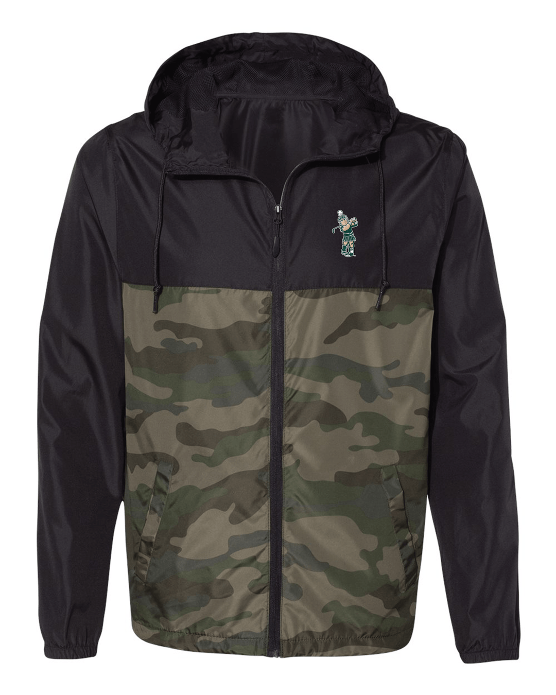 Michigan State Black and Green Camo Windbreaker Jacket with Golfing Sparty on the Left Chest