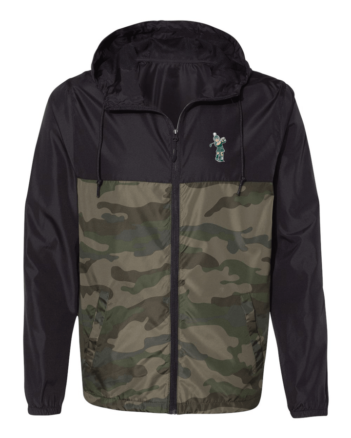 Michigan State Black and Green Camo Windbreaker Jacket with Golfing Sparty on the Left Chest