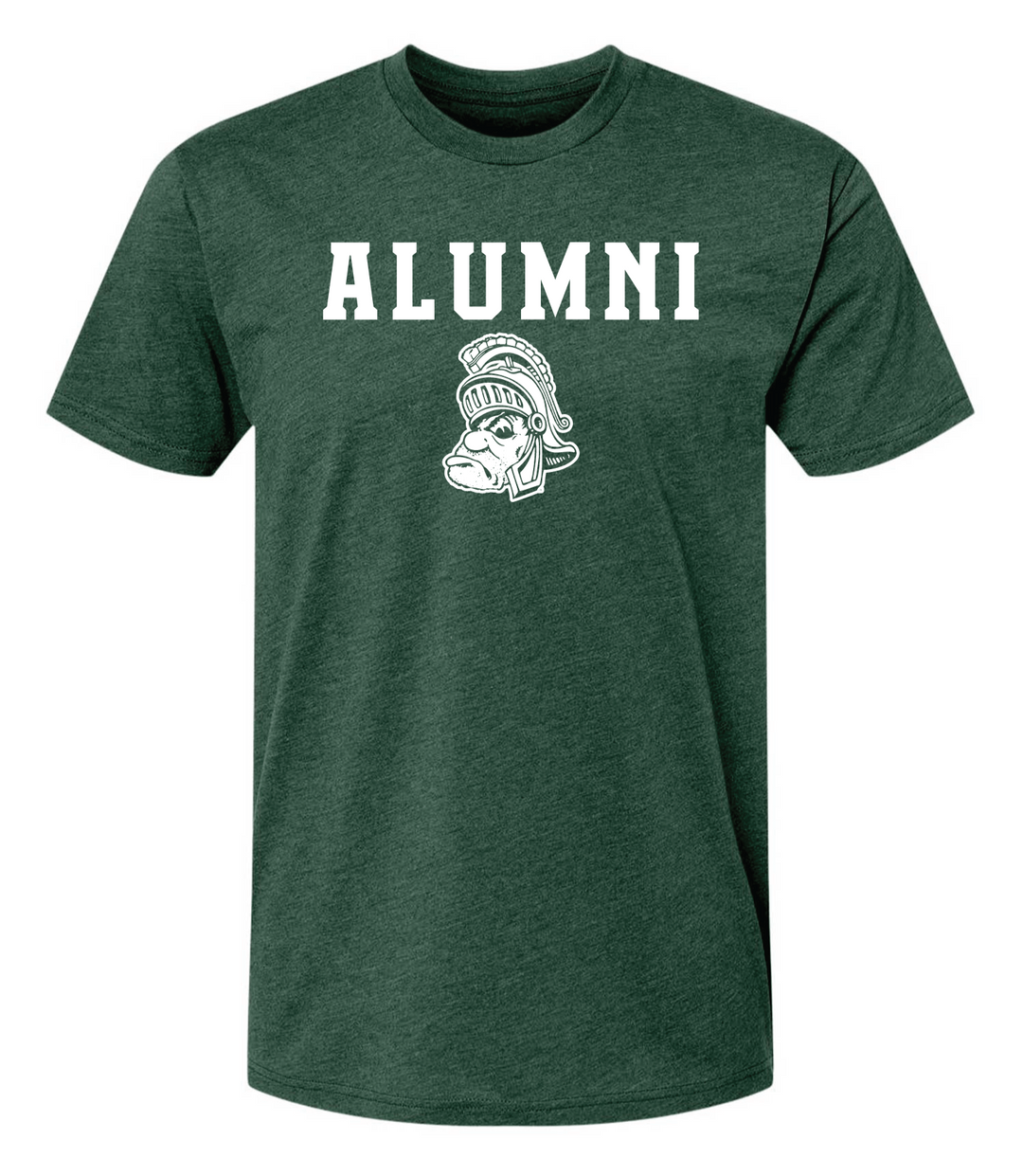 Green Michigan State University alumni t-shirt featuring bold white “ALUMNI” text and the Gruff Sparty logo printed on the front on white background