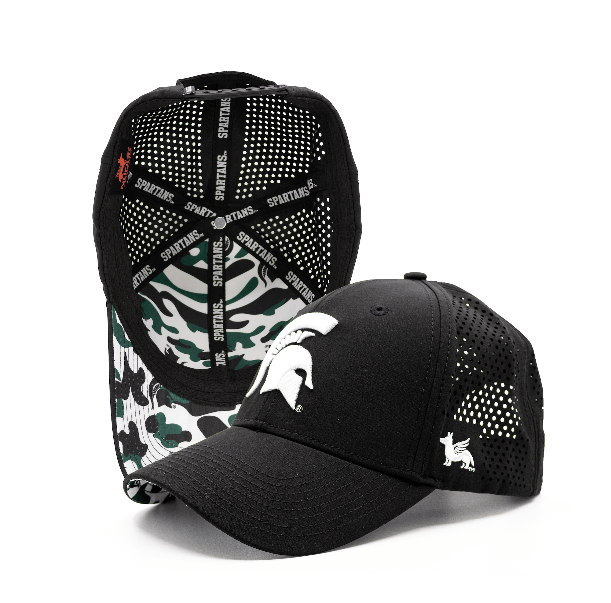 Black Michigan State hat with white Spartan Helmet on the front along with a custom Michigan State camo pattern inside