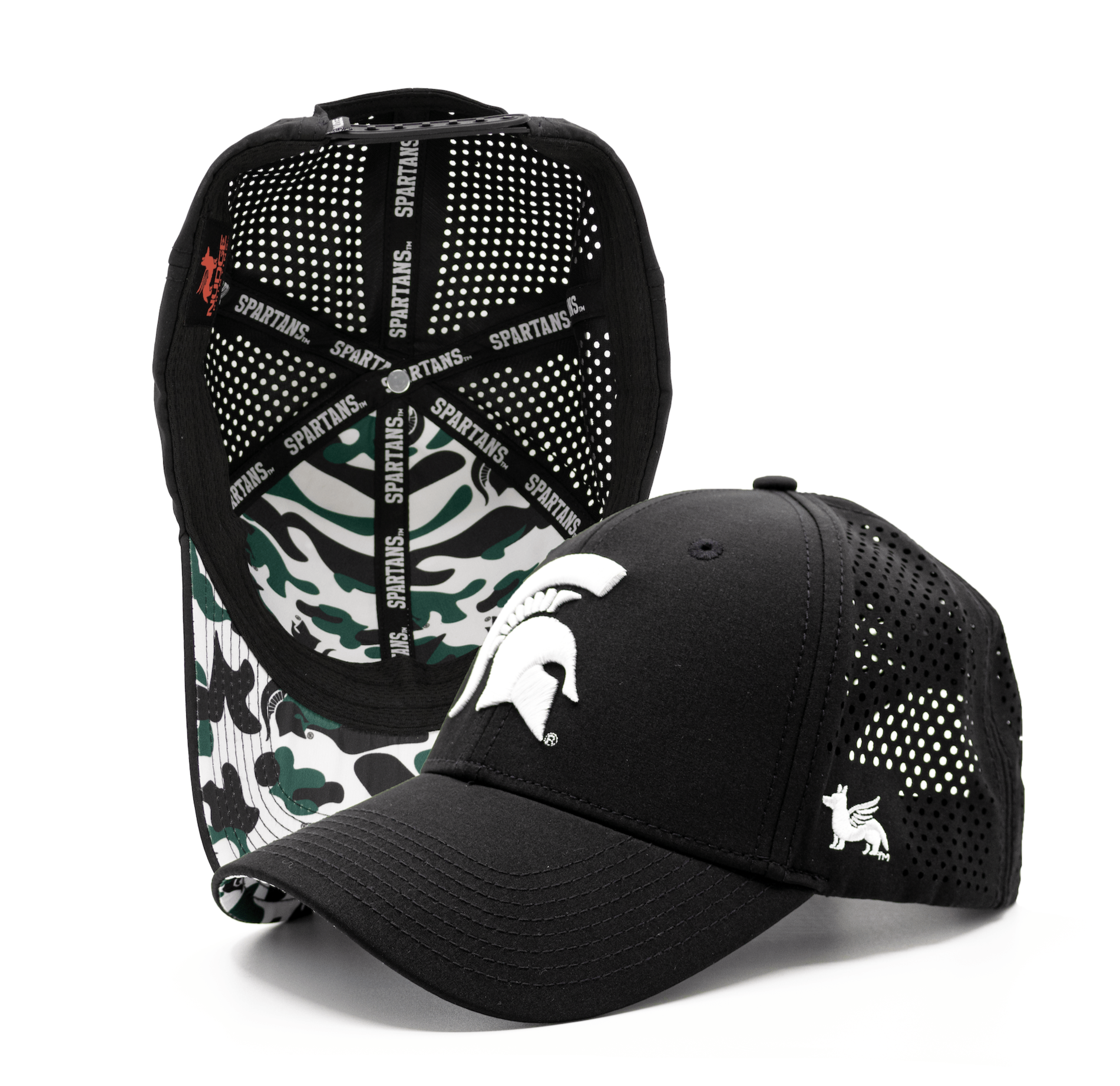 Black Michigan State hat with white Spartan Helmet on the front along with a custom Michigan State camo pattern inside