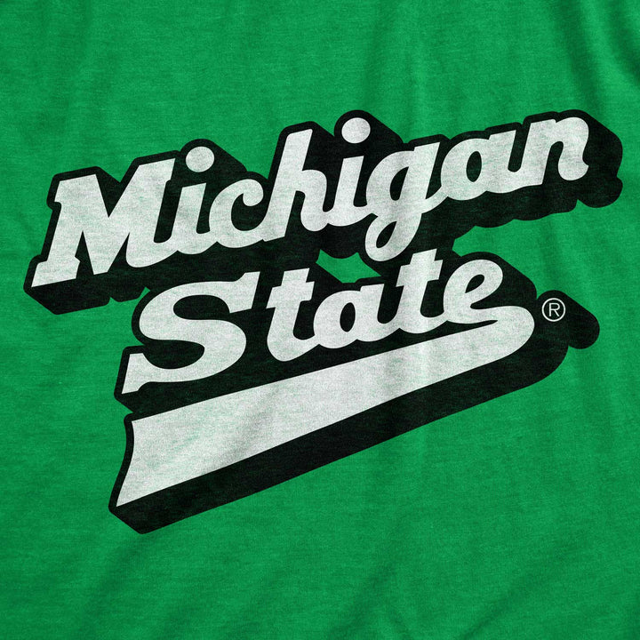 Close up of kelly green Michigan State t-shirt showing the script hockey logo printed in white and black ink