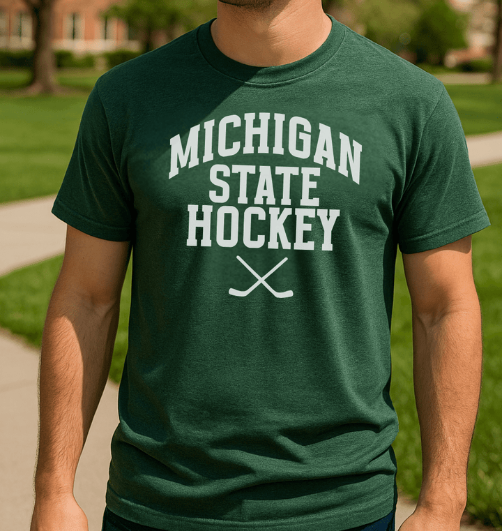 MSU Spartans Hockey Sticks Heather forest green t-shirt on male model on campus