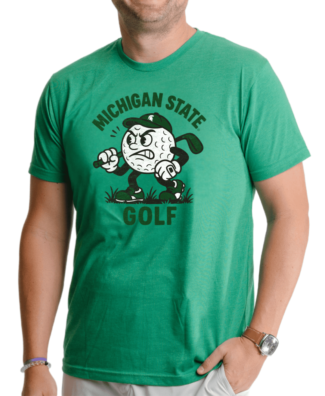Model wearing a Michigan State University shirt with Mr. Golf logo on front of Kelly Green short sleeve t-shirt with white background