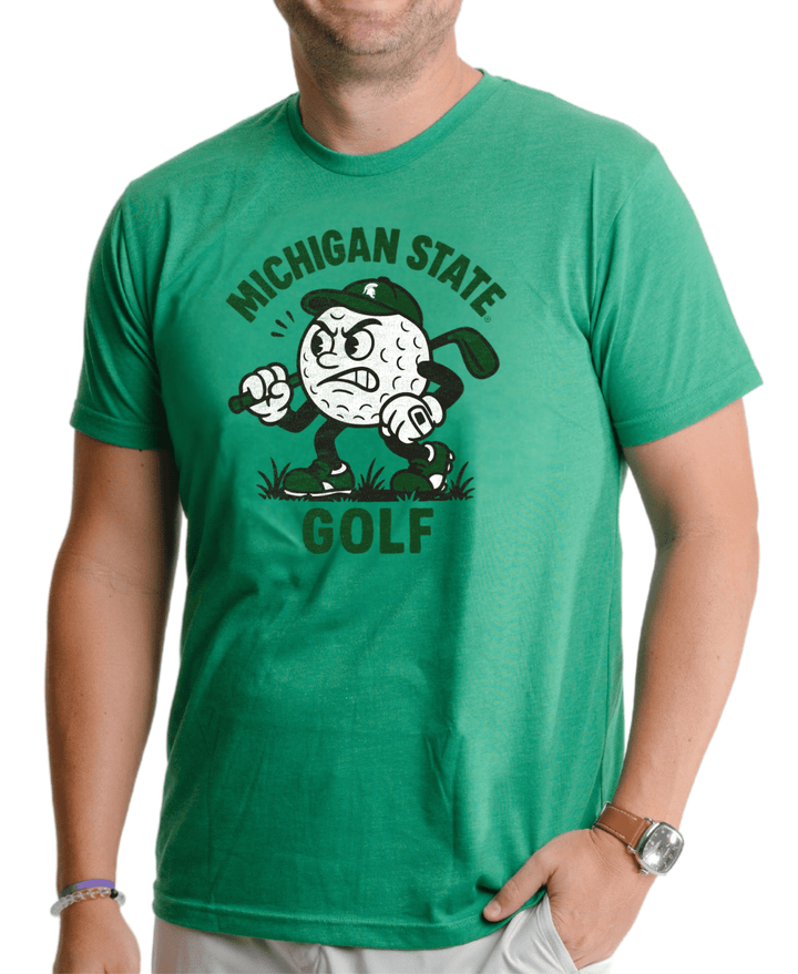 Model wearing a Michigan State University shirt with Mr. Golf logo on front of Kelly Green short sleeve t-shirt with white background