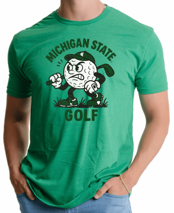 Michigan State Kelly Green Mr Golf Short Sleeve T-shirt on tall male model with white background